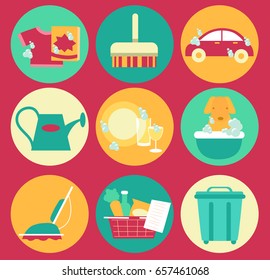 Illustration of Common House Chores like Laundry, Sweeping, Car Wash, Watering Plants, Cleaning Dishes, Vacuum, Groceries and Emptying Trash