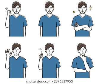 Illustration of common poses of men in scrub