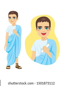 Illustration of commoner roman citizen standing with blue toga and holding papyrus