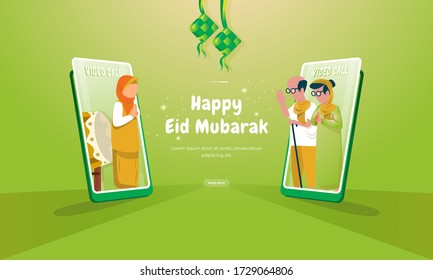 Illustration communicates with parents through mobile applications or video calls for Eid Mubarak greetings