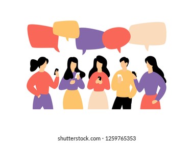 Illustration of communicating people. Vector illustration. Image is isolated on white background. Flat style, businessmen discuss social network, news, social networks, chat, dialogue, comic bubbles.