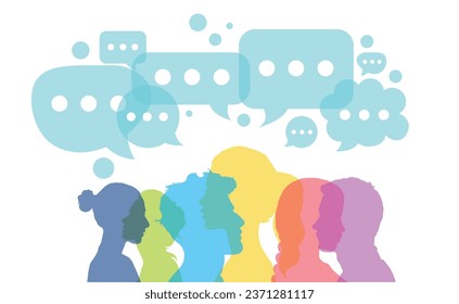 Illustration of a communication concept. The word communication with colorful dialog speech bubbles