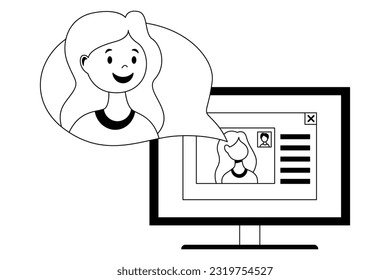 Ilustración de comunicación en línea, video comunicación usando un ordenador u otros gadgets, correspondencia, reuniones de negocios, comunicarse con amigos en la comodidad de su propia casa