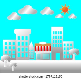 Illustration of community buildings and convenience stores