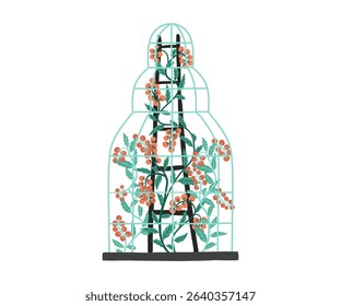 Illustration of a compact bottle-shaped greenhouse with flourishing vegetable plants inside. Creative greenhouse design for home gardening and eco projects