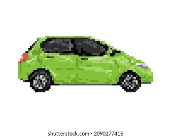 Illustration of compact green city car in pixel art style