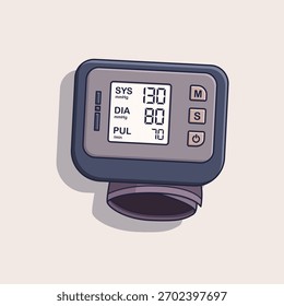 Illustration eines kompakten Handgelenk-Blutdruckmessers mit digitaler Blutdruckanzeige für systolische, diastolische und Pulsmessungen zur einfachen täglichen Gesundheitsüberwachung