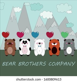 Illustration a company of brothers brothers with balloons in their paws on a background of mountains. Happy Valentine's Day.