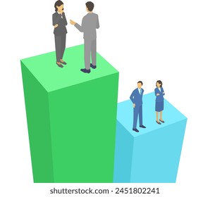 Illustration of company employees with disparities in work and status.