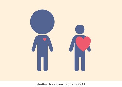  The illustration compares two people. One has a big head with a lot of knowledge, but little love. The other has a big heart but little knowledge. Vector.