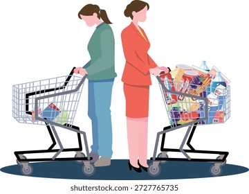Ilustración que compara la diferencia en el volumen de compras entre dos mujeres debido a la desigualdad económica y la inflación.