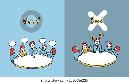 Illustration comparing a good manager who energizes an organization and an overbearing, intimidating manager