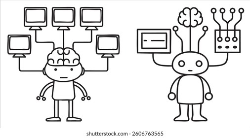 Illustration comparing human brain connections with robotic circuitry.