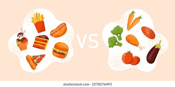 Illustration comparing junk food like burgers and fries with healthy food like vegetables and chicken. Bright colors on a beige background. Concept of diet choice. Vector illustration