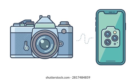 Illustration comparing an old film camera with a modern smartphone displaying a camera app icon, symbolizing photography evolution.