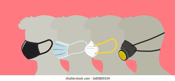 Illustration comparing various kind of face mask, cotton mask, surgical mask, n95 mask, protection for coronavirus