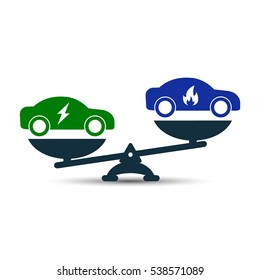 Illustration of comparison between electric eco and gas car. Electric and gas car on scales. Demonstration of advantage or benefit. Gas car versus electric vector concept.