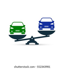Illustration of comparison between electric eco and gasoline car. Electric and fuel car on scales. Demonstration of the advantage or benefit. Fuel gas car versus electric, vector concept.