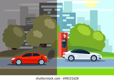 Illustration of comparison between electric environmentally friendly and gas polluting car. 