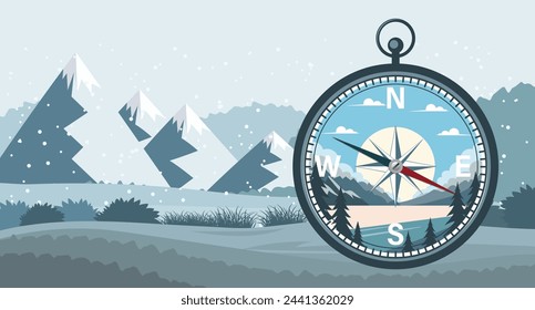 Illustration of a compass against a landscape background. Compass icon with landscape nature. Vector