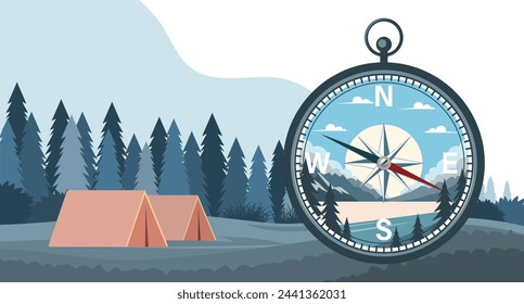 Ilustración de una brújula contra un fondo de paisaje. Icono de brújula con naturaleza paisajística. Vector