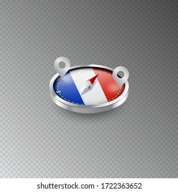 Illustration of a compass with the flag of FRANCE on a transparent background. Recreation, entertainment, tours, cruises, travel, walks, routes in my country.