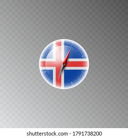 Illustration of a compass with the flag of ICELAND on a transparent background. Recreation, entertainment, tours, travel, walks, routes in my country.