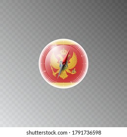 Illustration of a compass with the flag of MONTENEGRO on a transparent background. Recreation, entertainment, tours, travel, walks, routes in my country.