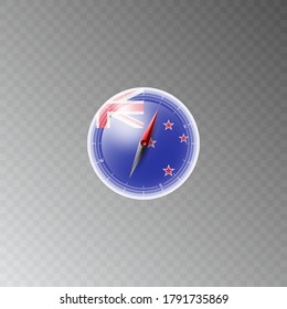 Illustration of a compass with the flag of NEW ZEALAND on a transparent background. Recreation, entertainment, tours, travel, walks, routes in my country.