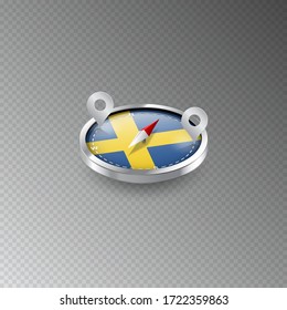 Illustration of a compass with the flag of SWEDEN on a transparent background. Recreation, entertainment, tours, cruises, travel, walks, routes in my country. Isolated vector.