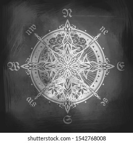 Illustration with a compass. Graphic drawing with north, west, south, east.