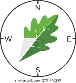 Ilustración de una brújula con una hoja en el centro, aislada en el concepto de naturaleza y medio ambiente