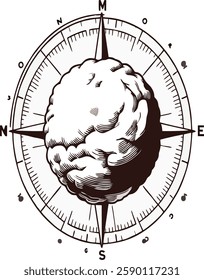 An illustration of a compass with a meatball as the main element. The meatball is in the center as the center of the compass, with the directional needle