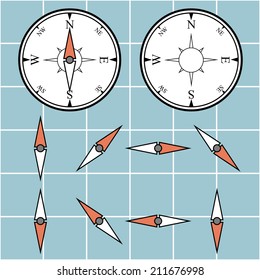 Illustration of compass on grid with different direction arrows