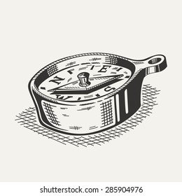 Illustration of a compass on white background. Camping gear, hiking.