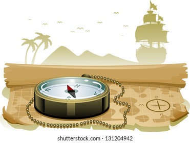 Illustration of a Compass Sitting on Top of a Treasure Map