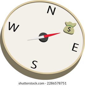 Illustration of a compass vector graphic pointing to money, fit for business presentation or video