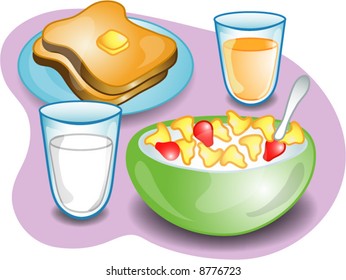 Illustration of a complete breakfast with cereal, milk toast and orange juice. Part of the complete meal series.
