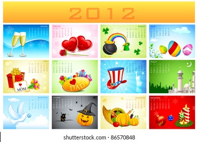 illustration of complete calendar for 2012 showing different holidays