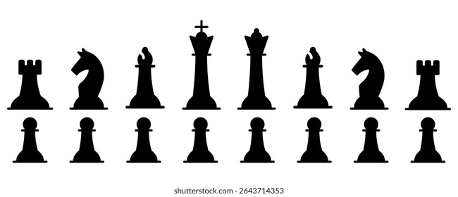  illustration of a complete chess set with all black pieces arranged in classic formation. Ideal for strategy, game, logic, and board game concepts.