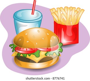 Illustration of a complete lunch with a cheeseburger, fries and a drink. Part of the complete meal series.
