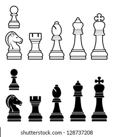 An illustration of a complete set of chess pieces in black and white