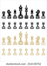 An illustration of a complete set of chess pieces in black and white