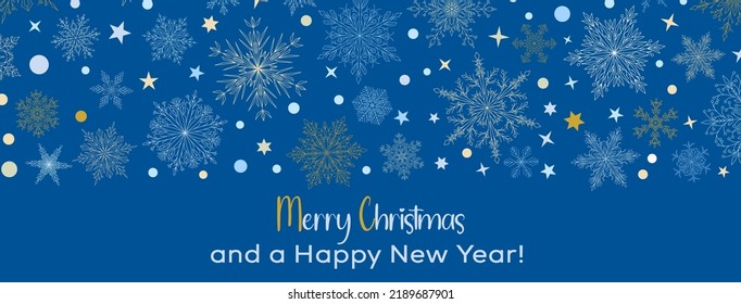 Illustration mit komplexen großen und kleinen Weihnachtsschneeflocken in blauen Farben mit Inschrift Frohe Weihnachten. Winterhintergrund mit fallendem Schnee