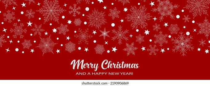 Illustration mit komplexen großen und kleinen Weihnachtsschneeflocken in roten Farben mit Inschrift Frohe Weihnachten. Winterhintergrund mit fallendem Schnee