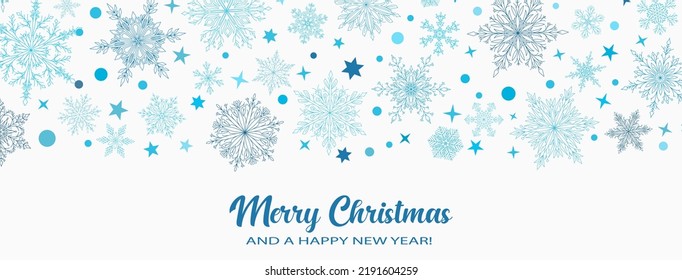 Ilustración con complejos copos de nieve grandes y pequeños de Navidad en colores azul claro con la inscripción Feliz Navidad. Fondo invernal con nieve en caída