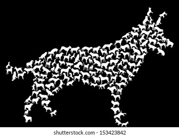 Illustration mit komplexer Hundesilhouette einzeln auf schwarzem Hintergrund