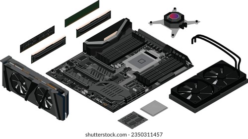 An illustration of the components of a basic computer.computer technology in the workplace, isometric