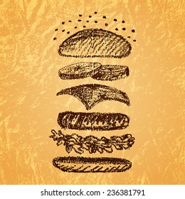 Illustration components of cheeseburger on Kraft paper.