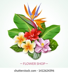 Illustration composed of isolated tropical flowers and leaves bouquet exotic foliage in realistic style